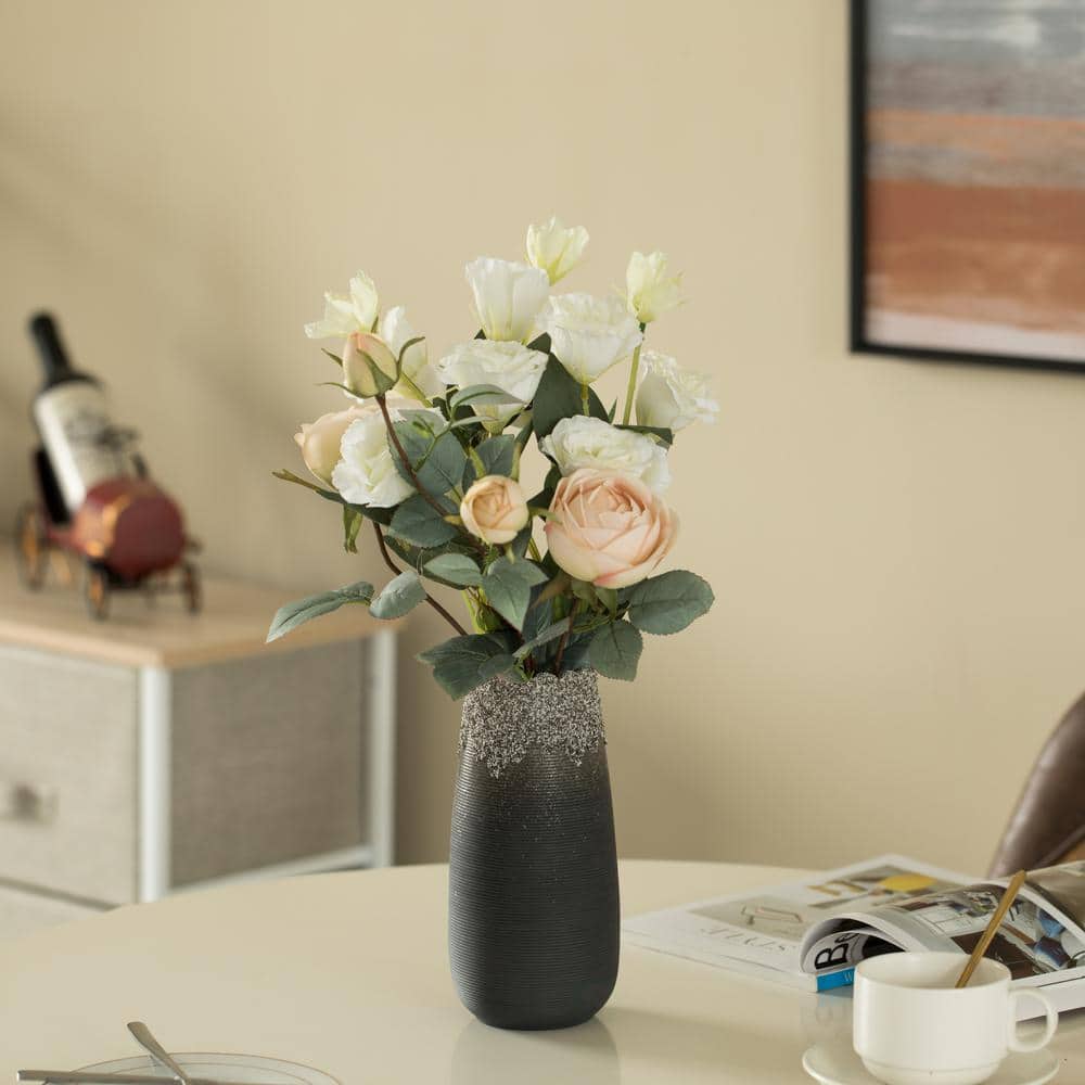Sleek 8'' Black Ceramic Floor Vase with Dripping Crystal Design