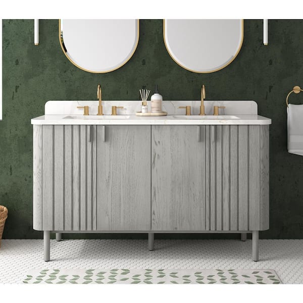 Blakely 61 in. Double Sink Gray Oak Bath Vanity with Calacatta White Quartz Top