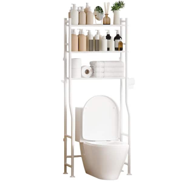 1-Piece Metal 3-Tier Over The Toilet Storage, Space Saver Bathroom Shelves, Freestanding Storage Shelf, 4 Hooks in White
