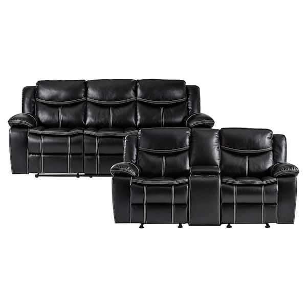 Lazzara Austin 87.5 in. W Pillow Top Arm Faux Leather Rectangle Manual Reclining Sofa Set in Black, 2-Piece