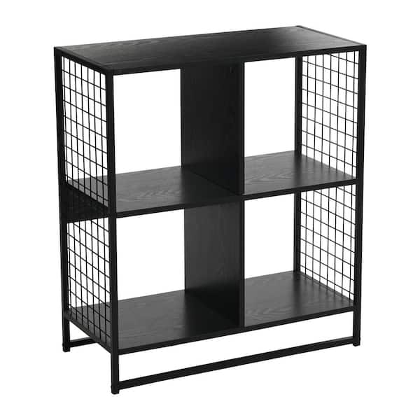 HOUSEHOLD ESSENTIALS 4-Cube Shelf Bin Wall Unit with Mesh Side Panels in Black Oak 13.23 in. D x 28.23 in. W x 28.15 in. H