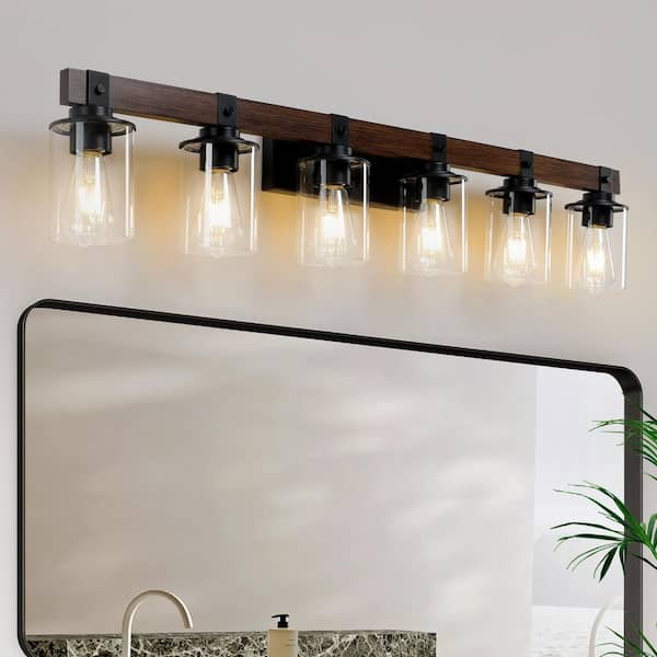 42.3 in. 6-Light Black and Walnut Industrial Bathroom Vanity Light with Clear Glass Shade
