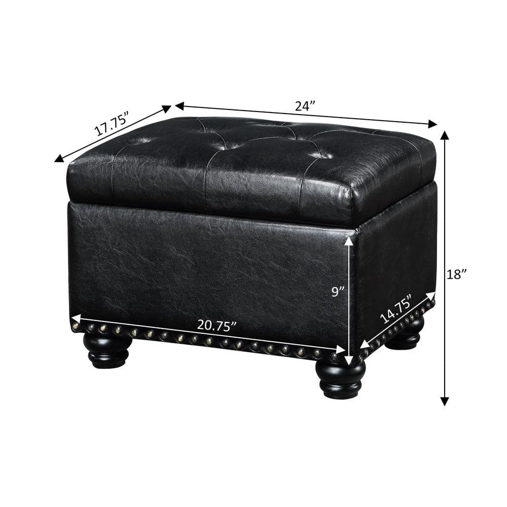 Black Tufted Storage Ottoman with Nailhead Trim