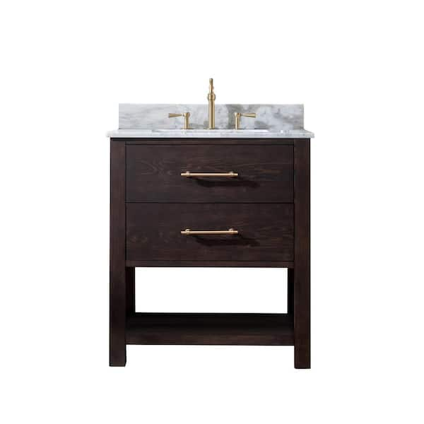 Windwood 30 in. W x 22 in. D Bath Vanity in Brown Oak with Natural Marble Vanity Top in Carrara White with White Sink