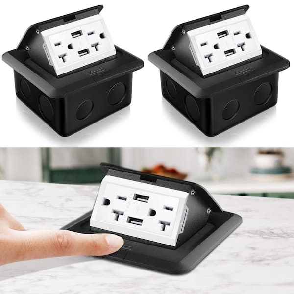 20 Amp Black Pop-Up Floor Outlet with 4.8 Amp USB, 2-Outlet Waterproof Tamper Resistant Receptacle (2-Pack)