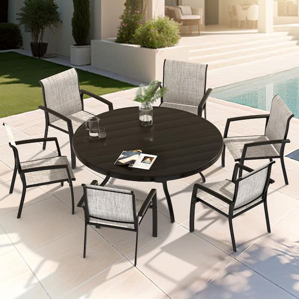 53 in. Dia Metal Outdoor Dining Table for 7 Person Round Patio Table with Adjustable Umbrella Hole in Black