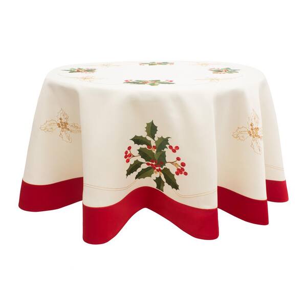 CHI Holiday Embroidered Holly Berries 70 in. Round Table Cloth with Red Trim Border
