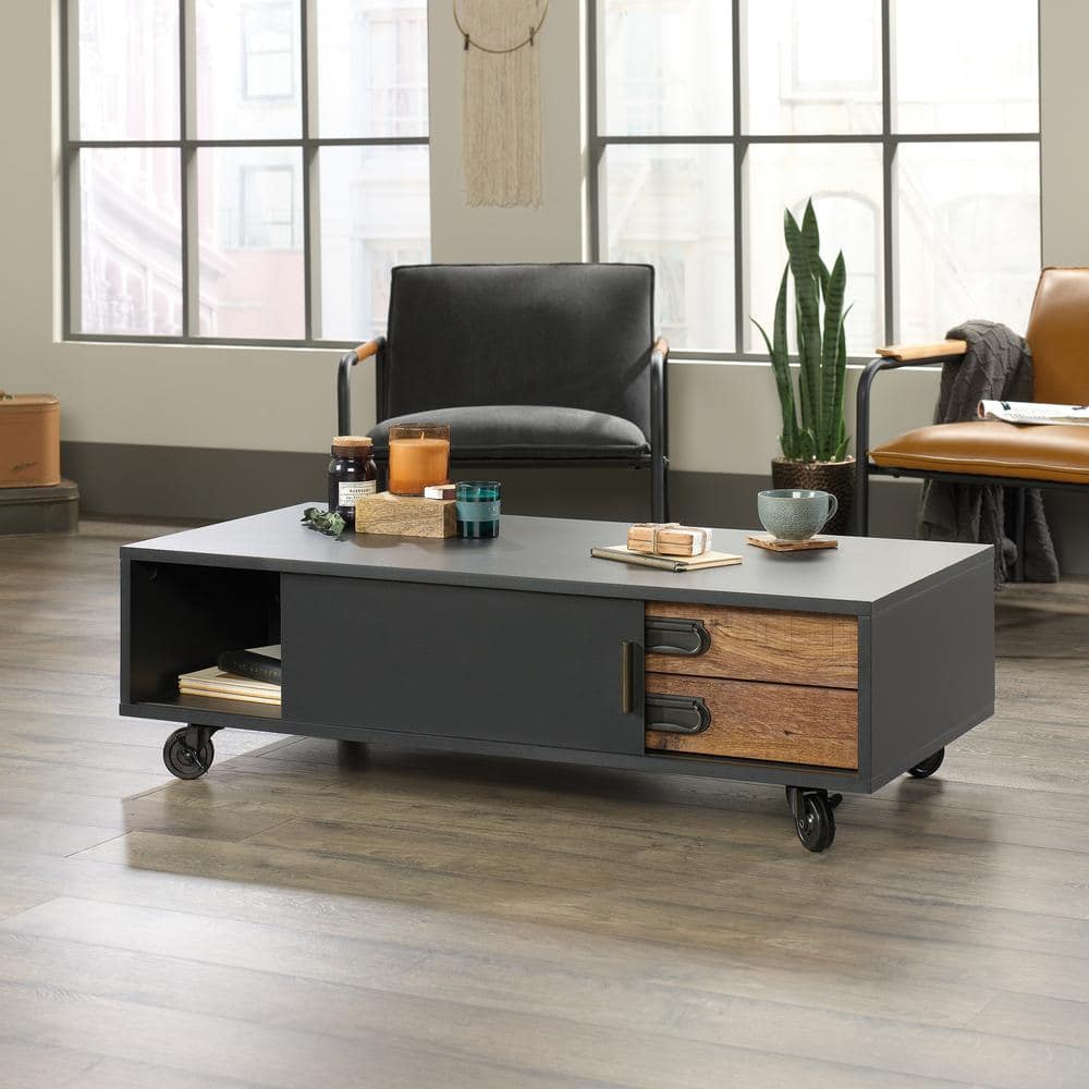 Rectangular Black and Vintage Oak Wood Coffee Table with Storage