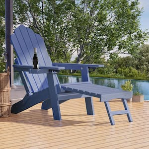 Navy Blue Folding Adirondack Chair with Retractable Ottoman, HIPS Adirondack Chair with Cup Holder Set of 1