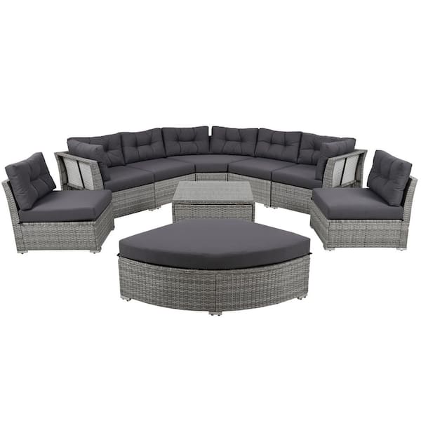 Grey 9-Piece Wicker Outdoor Sectional Set with Dark Grey Cushions