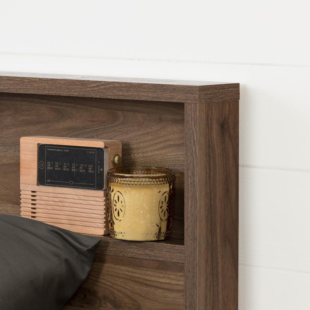 Full Walnut Wood Headboard with Storage Shelf