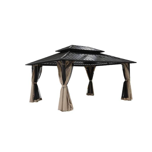 10 ft. x 12 ft. Hardtop Gazebo with Aluminum Frame, Double Roof Top with Brown Curtain and Netting