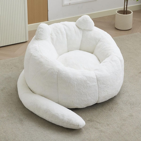 White Faux Fur Cat-Shaped Bean Bag with Pull Ring and Antifouling Fabric