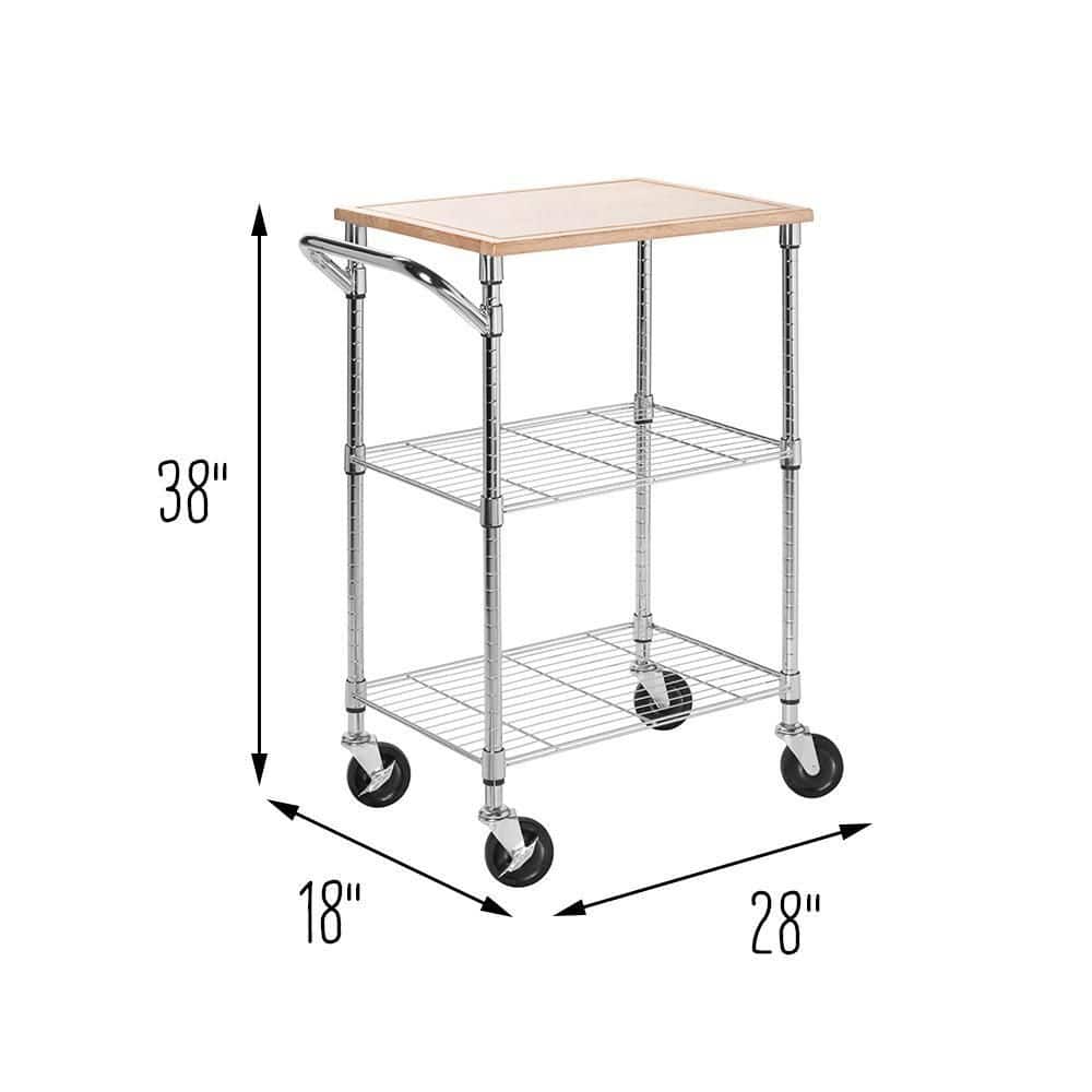 Chrome and Wood Rolling Kitchen Cart with Cutting Board