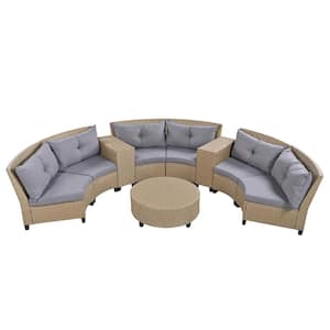 9-Piece Brown Fan-Shaped Wicker Outdoor Sectional Set with Gray Cushions