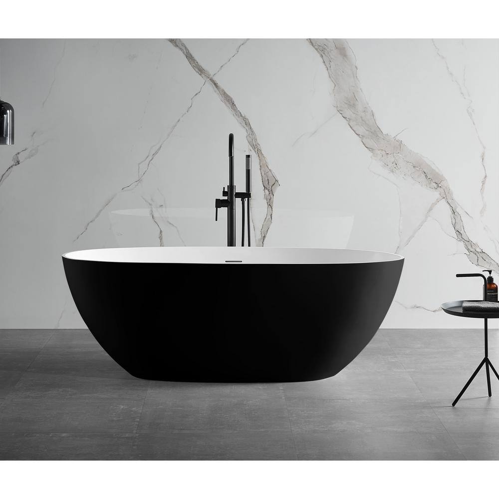 61.61'' Black and White Freestanding Resin Soaking Bathtub