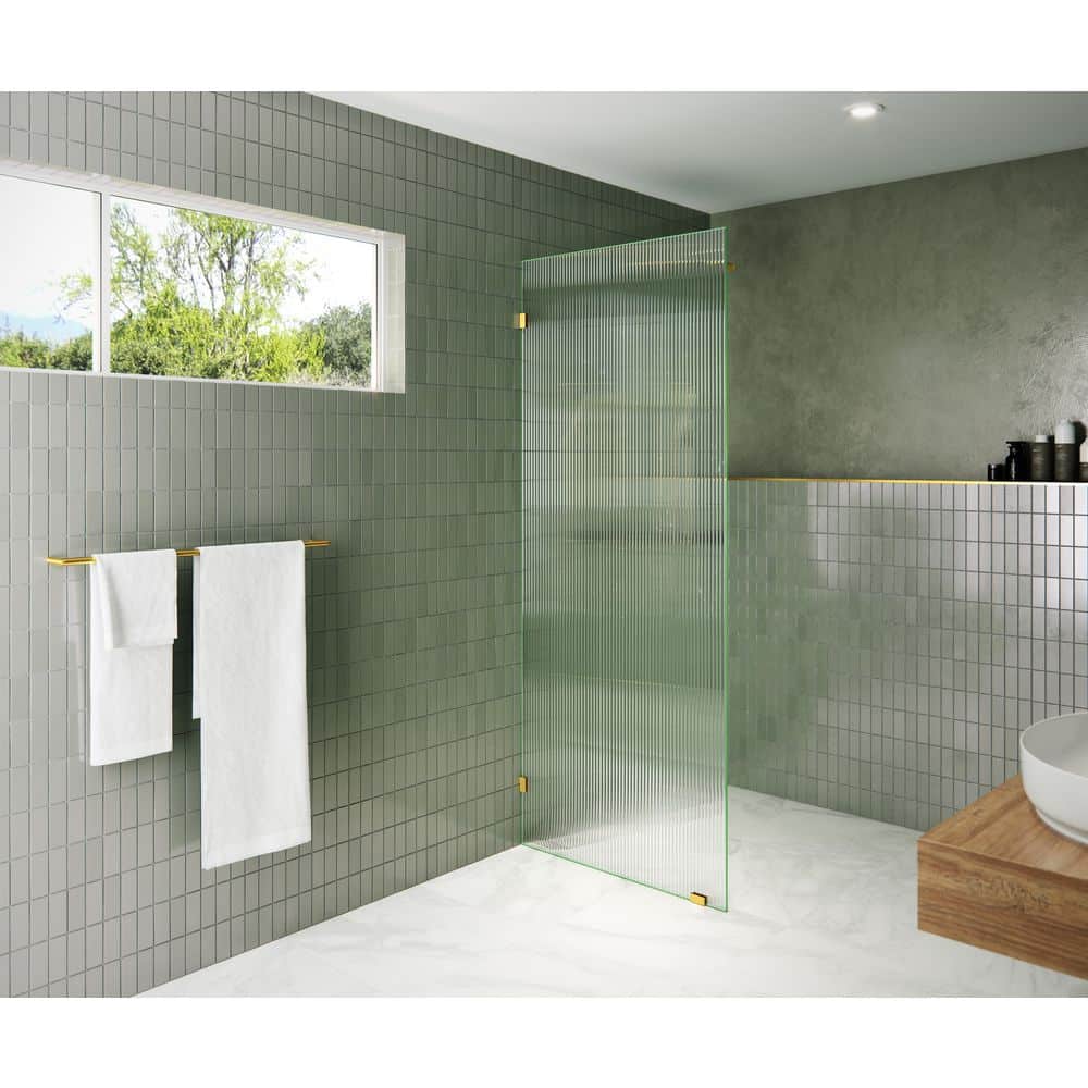 30 in. W x 78 in. H Fixed Single Panel Frameless Shower Door in Satin Brass with Fluted Frosted Glass price history on PriceWatchPro