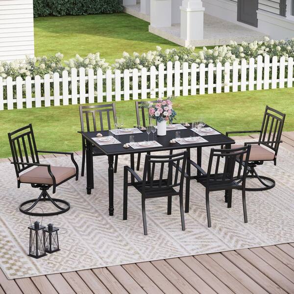 PHI VILLA Black 7-Piece Metal Patio Outdoor Dining Set with Black Frame Slat Table and Stripe Swivel Chair with Beige Cushion