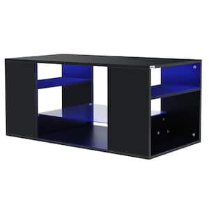 39.37 in. Black Rectangle MDF 16-Color LED Coffee Table with 3 Shelves with 4 mm Glass Shelf