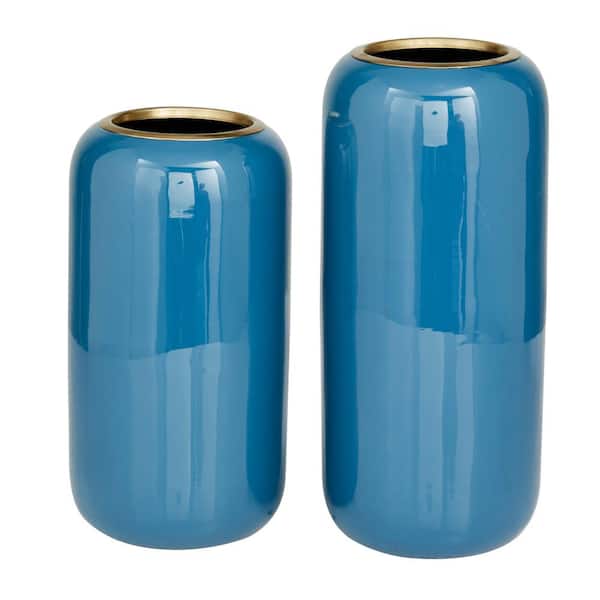 Litton Lane 13 in., 11 in. Blue Metal Decorative Vase (Set of 2)