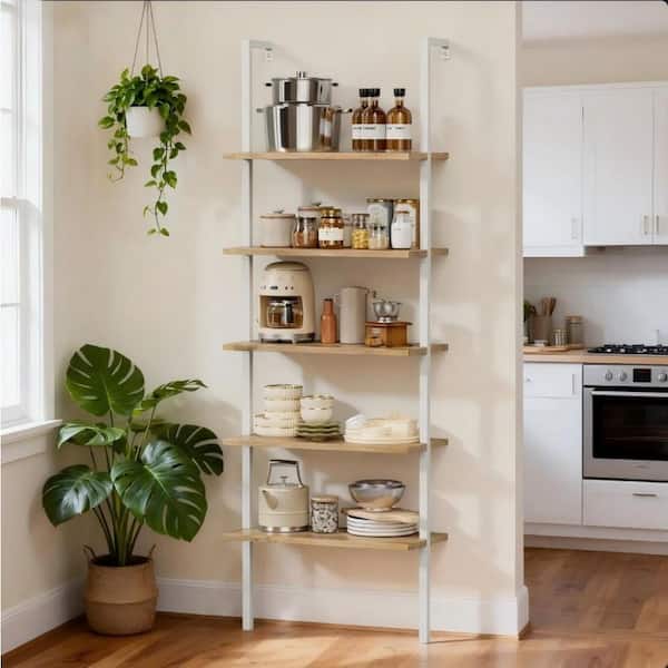 72 in. Ladder Shelf, 5-Tier Wood Wall-Mounted Bookcase, Metal Frame, Storage Rack Shelves Display Plant Flower, White