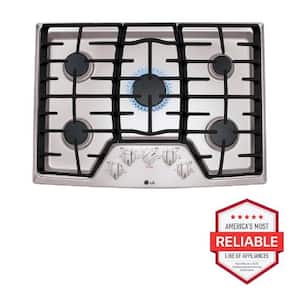 30 in. Recessed Gas Cooktop in Stainless Steel w/5 Burners Including 17K SuperBoil Burner, Heavy Duty Cast Iron Grates