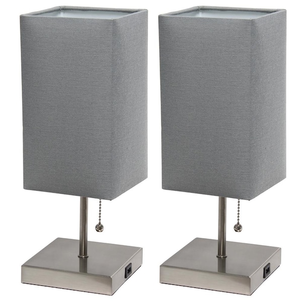 Simple Designs 14.25 in. Brushed Nickel Petite Stick Lamp with USB Charging Port and Gray Fabric Shade Set (2-Pack)