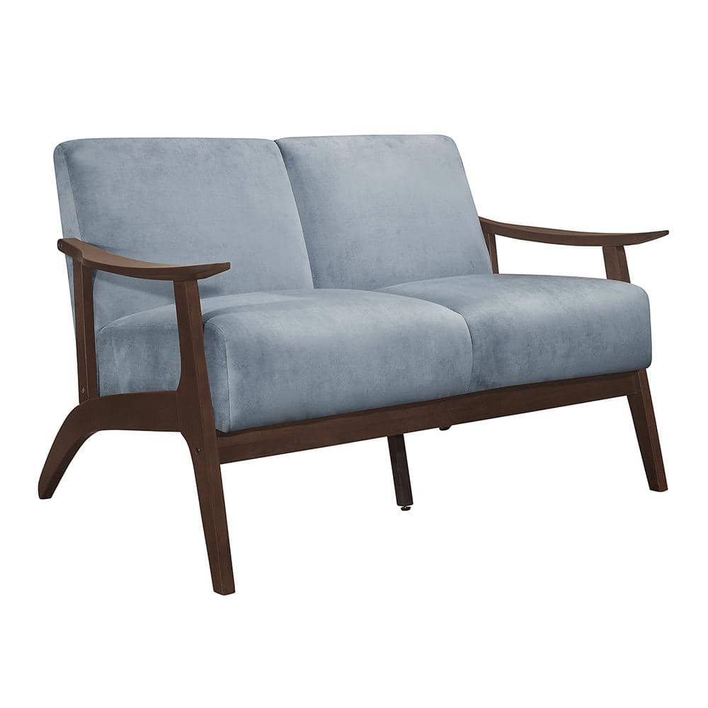 Carlson Blue Gray Velvet Loveseat with Dark Walnut Wood Frame