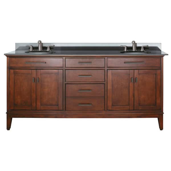Avanity Madison 73 in. W x 22 in. D x 35 in. H Vanity in Tobacco with Granite Vanity Top in Black and White Basins