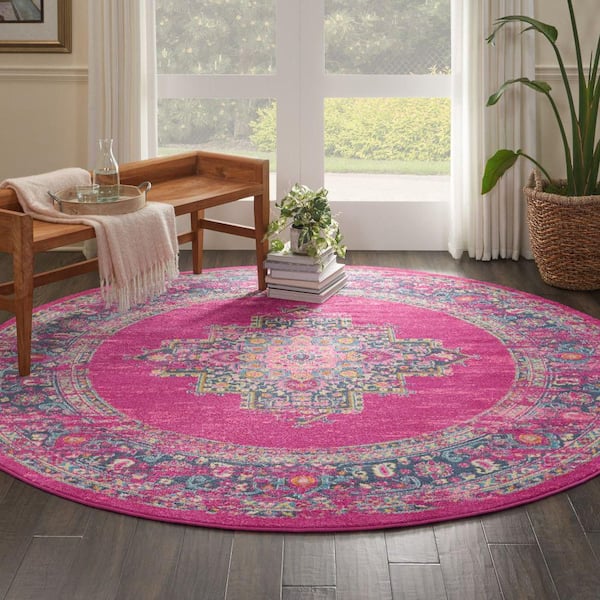 Passion Fuchsia 8 ft. x 8 ft. Bordered Transitional Round Rug