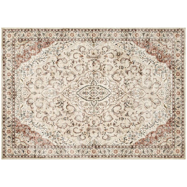 Non-Slip Classical Floor Cover Foldable Carpet 5 ft. x 7 ft. Mixed Brown Floral Washable Area Runner Rug