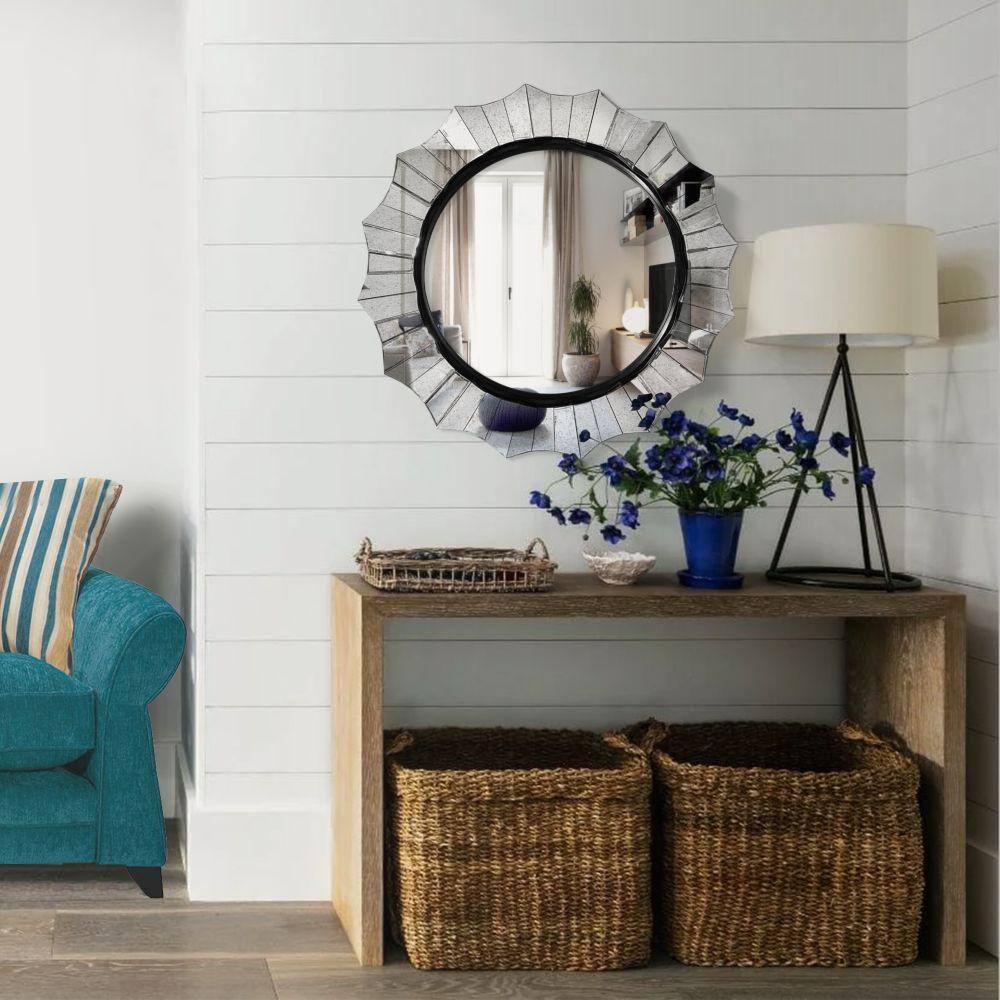 39" Round Scalloped Silver Wall Mirror with Beveled Edges