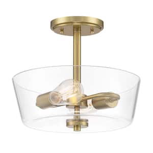 Westin 12 in. 2-Light Brushed Gold Modern Industrial Ceiling Light Semi Flush Mount with Clear Glass Shade