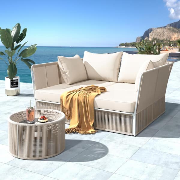 Nestfair Metal Outdoor Sunbed Chaise Lounge Loveseat Daybed with Natural Rope, Tempered Glass Table and Beige Cushion