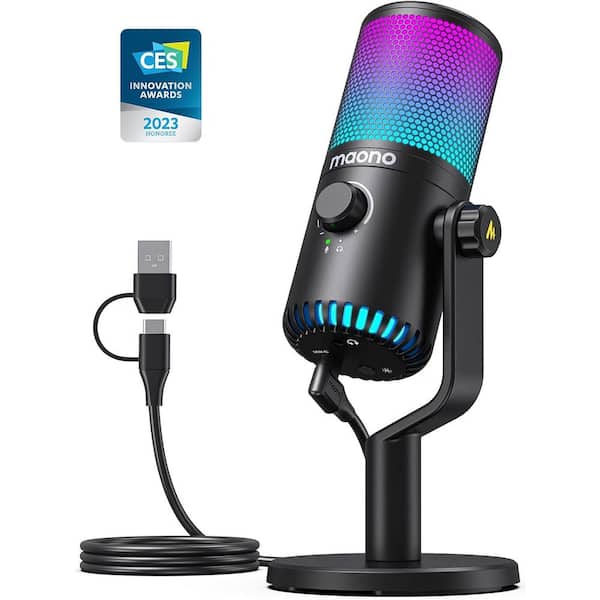 Black Gaming Microphone with Quick Mute, Programmable RGB Lights and USB Condenser Mic