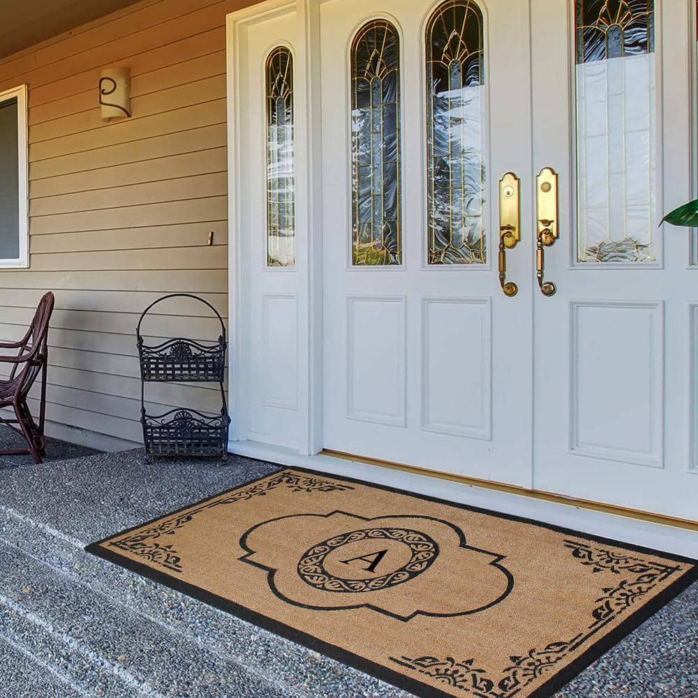 Handcrafted Black and Beige Coir Personalized Outdoor Doormat