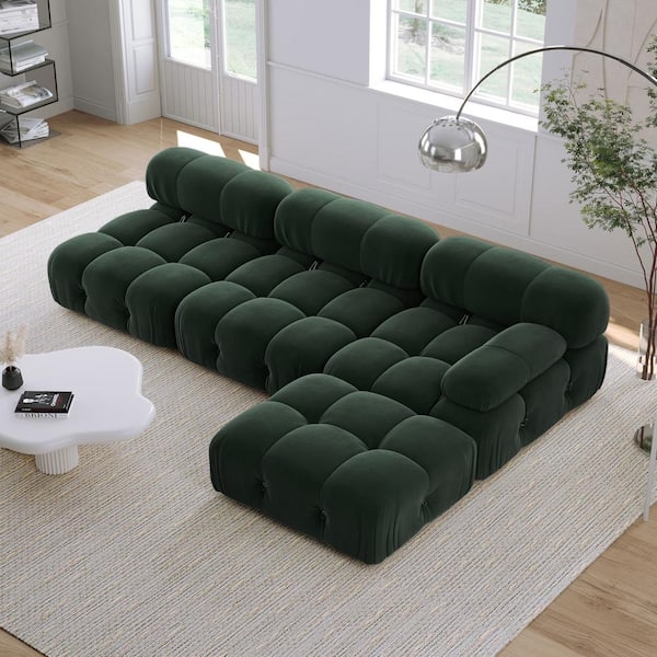 JASIWAY 105 in. Rolled Arm Velvet Rectangular Modular Sofa with Ottoman in Green