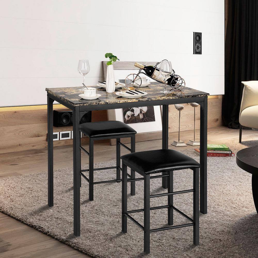 Costway 3-Piece Dark Faux Marble Pub Table Set with Black Chairs