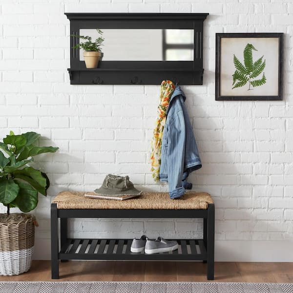 StyleWell 18 in. H in. x 36 in. W x 6.1 in. D Black Wood Floating Decorative Wall Shelf With Mirror and Hooks