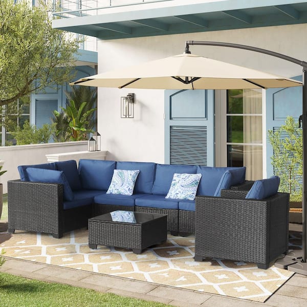 7-Piece Wicker Patio Conversation Set with Dark Blue Cushions