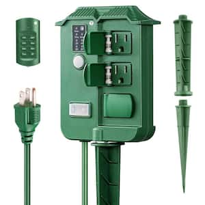 13 Amp 480-Min Waterproof Outdoor Power Stake Light Countdown Timer, Dusk to Dawn with Remote Control 6-Grounded Outlets