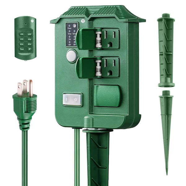 Vrbgify 13 Amp 480-Min Waterproof Outdoor Power Stake Light Countdown Timer, Dusk to Dawn with Remote Control 6-Grounded Outlets