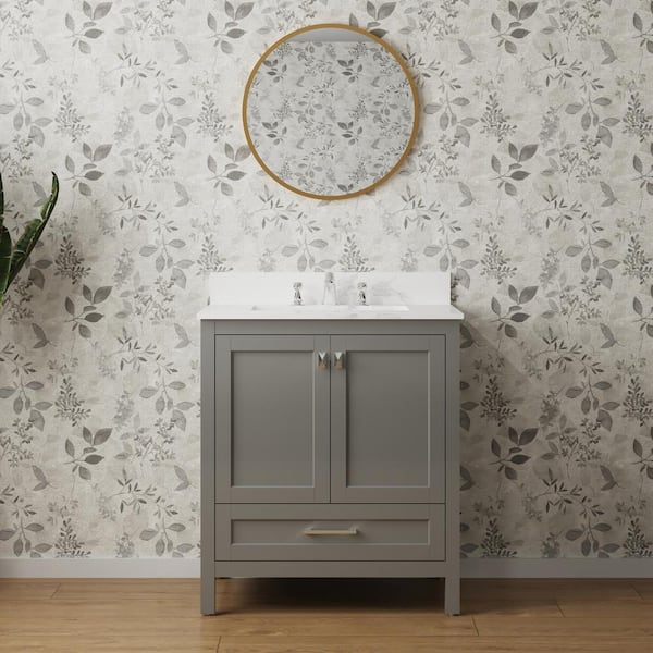 FAMYYT 30 in. W x 19 in. D x 36.6 in. H Fully Assembled Single Sink Freestanding Bath Vanity in Gray with White Marble Top