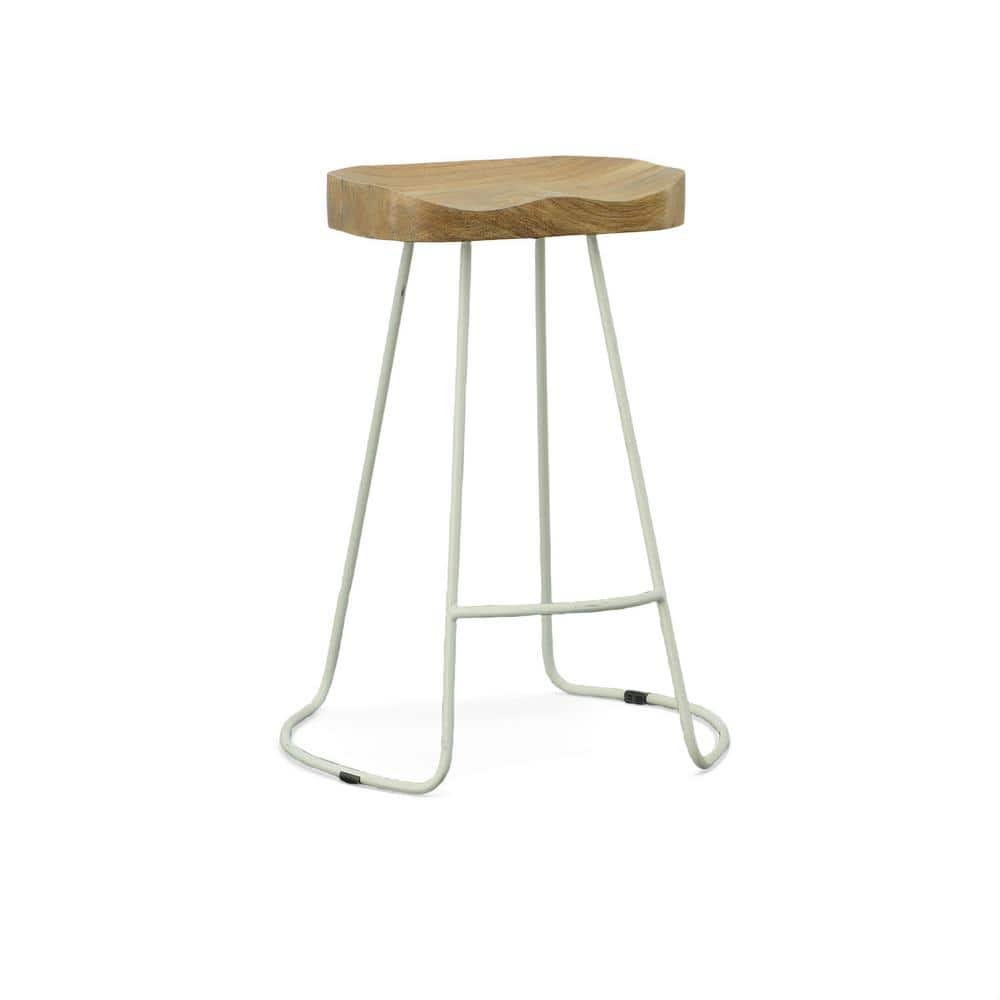 Set of 2 Natural Mango Wood and White Iron Counter Stools