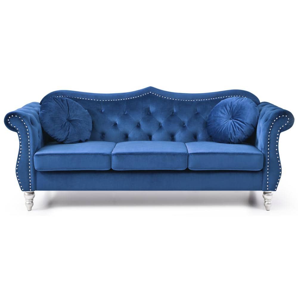 AndMakers Hollywood 82 in. Round Arm Velvet Rectangle Tufted Straight Sofa  in Blue PF-G0661A-S - The Home Depot