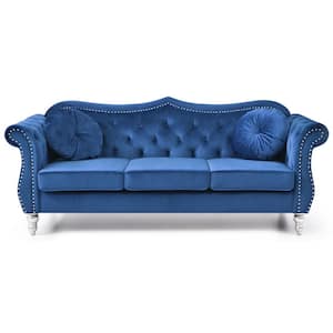 Hollywood 82 in. Round Arm Velvet Rectangle Tufted Straight Sofa in Blue