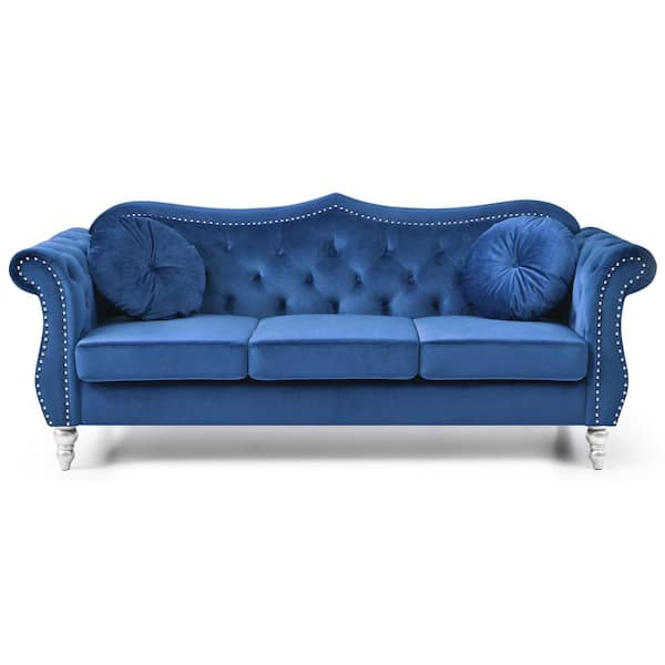 AndMakers Hollywood 82 in. Round Arm Velvet Rectangle Tufted Straight Sofa in Blue