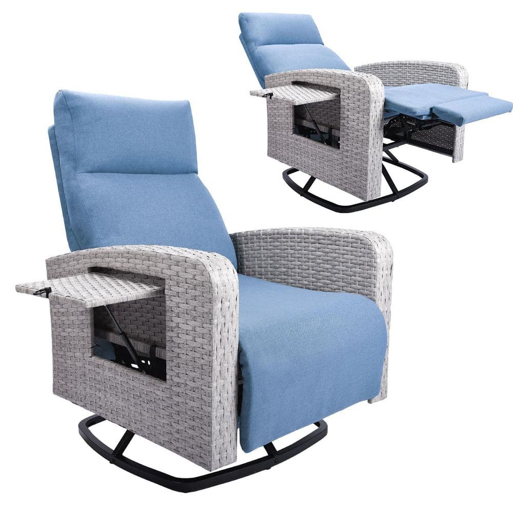 Gray Wicker Outdoor Reclining Chaise Lounge with Blue Cushions with Cup Holder price history on PriceWatchPro