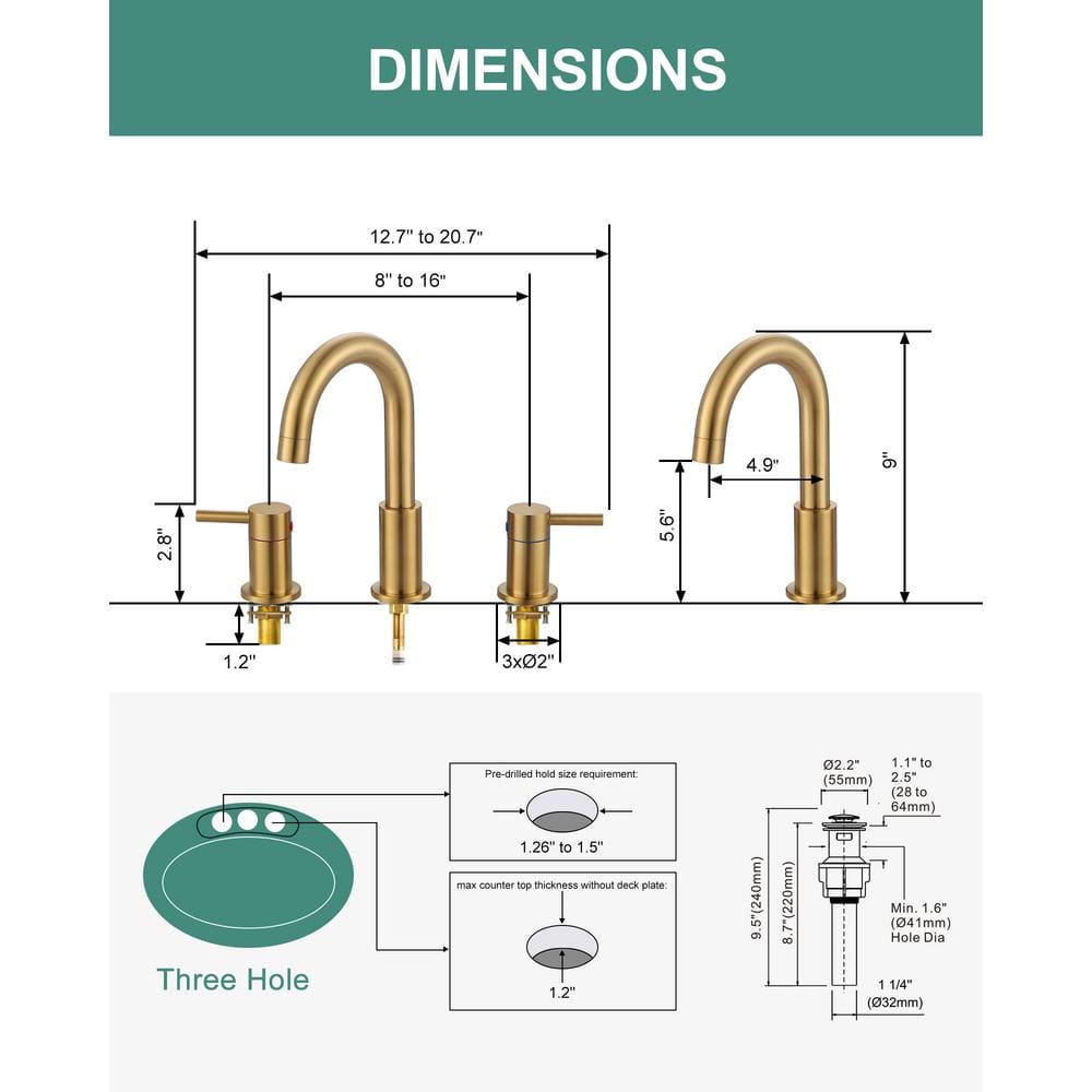 Brushed Gold 8-inch Widespread Double Handle Bathroom Faucet