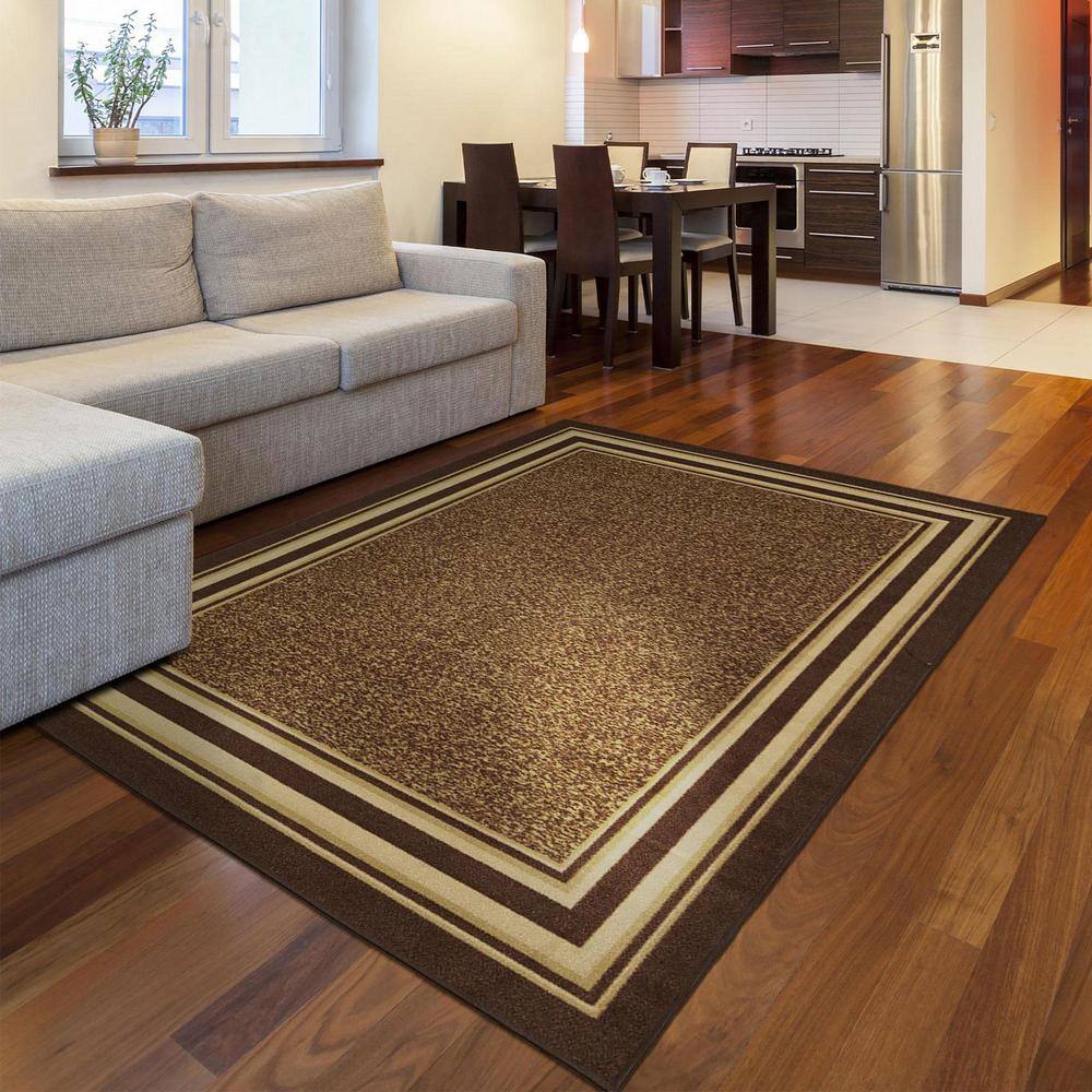 Brown and Beige Bordered Non-Slip Synthetic Area Rug
